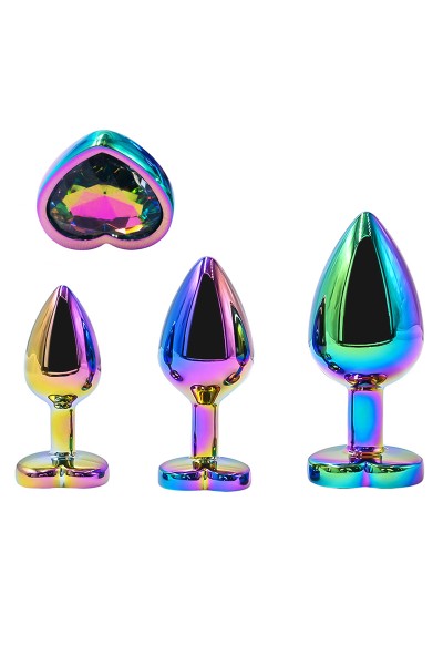 3 plugs coeur Crystal Heart métal arc-en-ciel - DIK