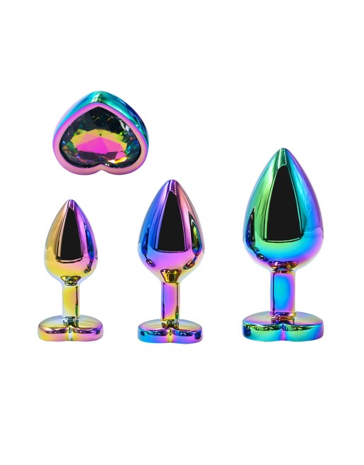 3 plugs coeur Crystal Heart métal arc-en-ciel - DIK