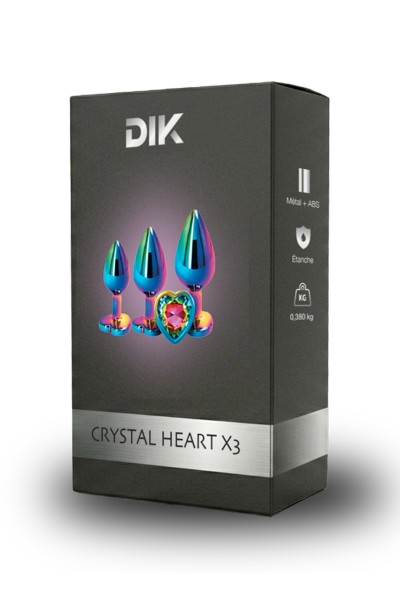 3 plugs coeur Crystal Heart métal arc-en-ciel - DIK