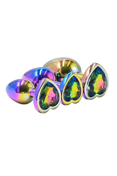 3 plugs coeur Crystal Heart métal arc-en-ciel - DIK