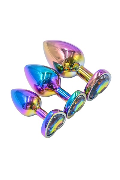 3 plugs coeur Crystal Heart métal arc-en-ciel - DIK
